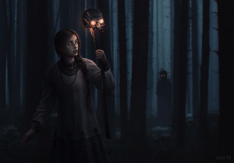 dark fantasy, forest, trees, demon, fantasy girl, fantasy art, skull, creepy, horror