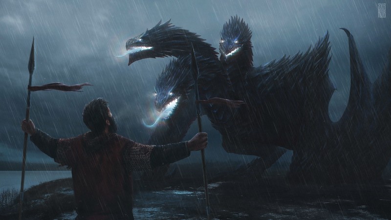 artwork, fantasy art, rain, creature