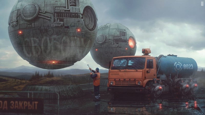futuristic, vehicle, artwork, workers