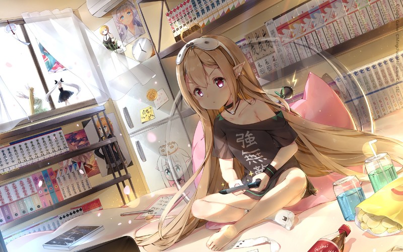 anime girls, anime, red eyes, legs crossed, blonde