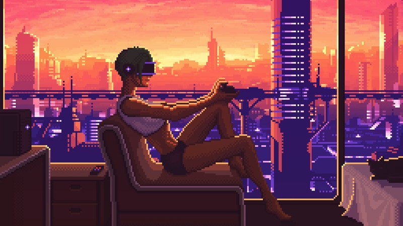 cyber, science fiction, digital art, concept art, cyberpunk, artwork, futuristic, fan art, cityscape, futuristic city, sunset, pixel art, pixels