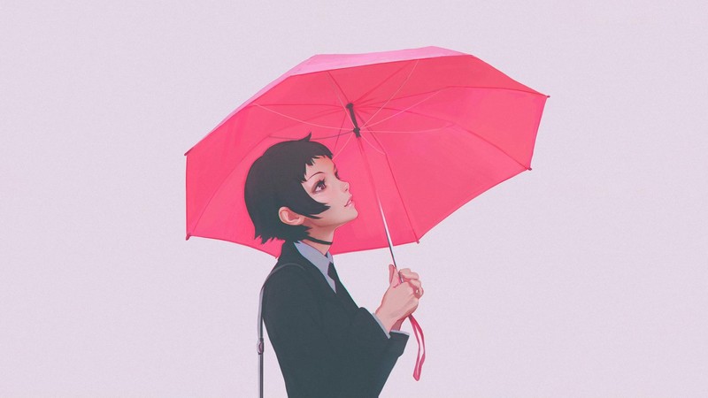 women, umbrella, drawing, Ilya Kuvshinov, minimalism, white background, suits, short hair, black hair