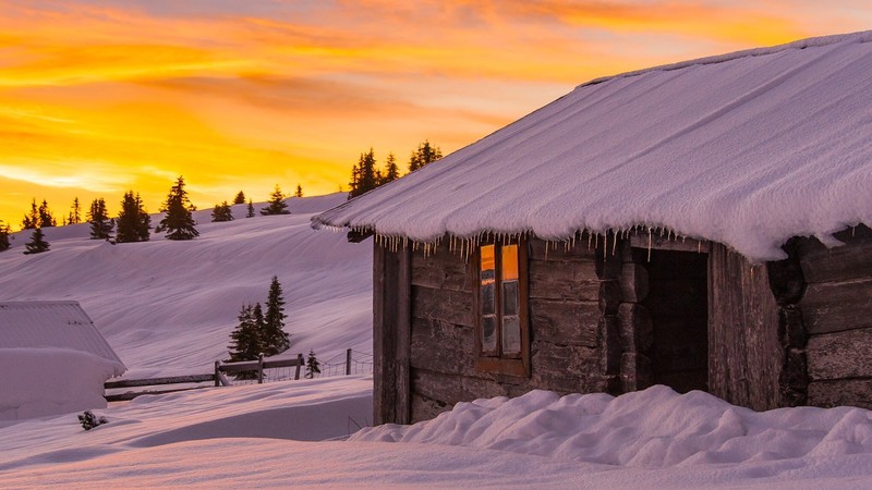 nature, landscape, cabin, house, clouds, winter, snow, trees, sunrise, icicle, fence