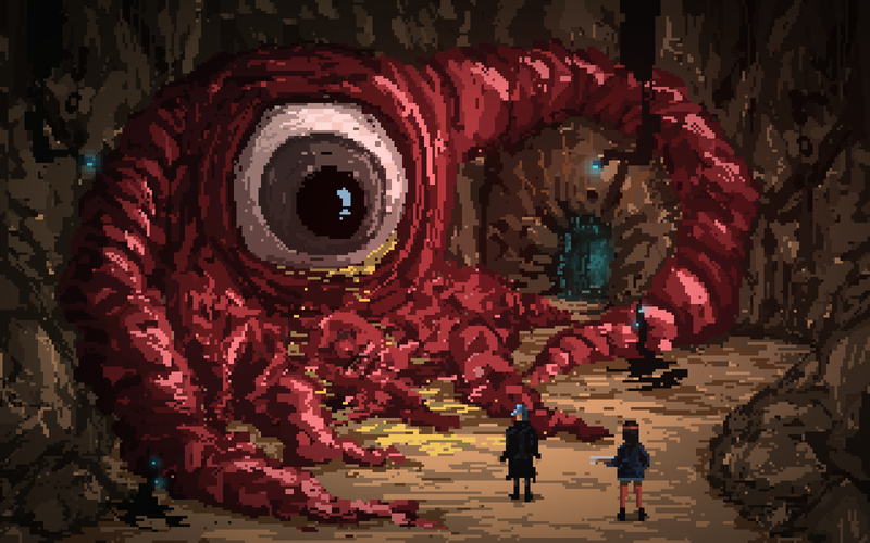 digital art, pixel art, pixels, pixelated, creature, retro games, cave, video games, tentacles, eyeball, eyes