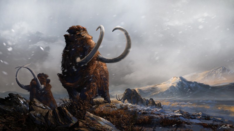 nature, artwork, animals, mammoths