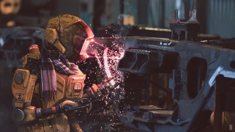 workers, robot, futuristic, digital art, welding
