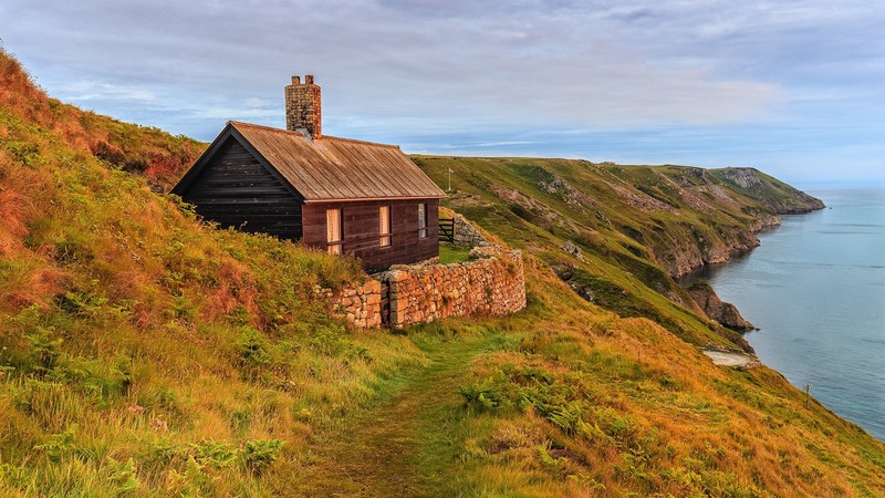 nature, landscape, cabin, house, clouds, cliff, sea, shore, path, grass, plants