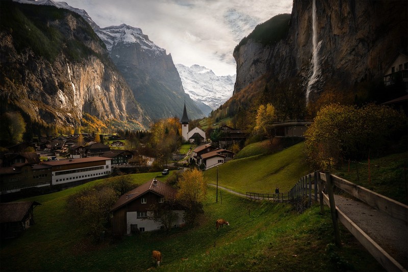 Switzerland, landscape, nature, mountains, Alps, cow, snow, valley, clouds, house, church, path, Andrey Brandis, photography