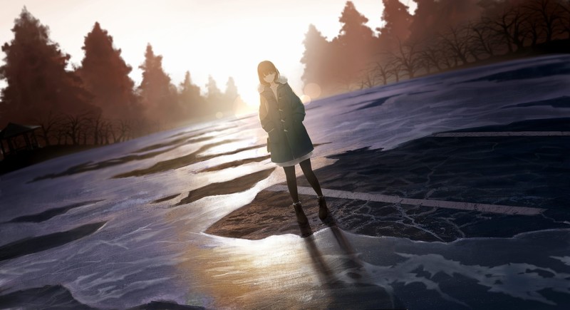 standing, Sun, sunlight, dead trees, trees, gazebo, winter, ice, smiling, anime
