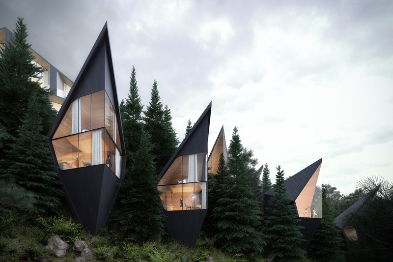 nature, architecture, modern, trees, forest, Dolomites (mountains), house, pine trees, window, clouds, stone, building
