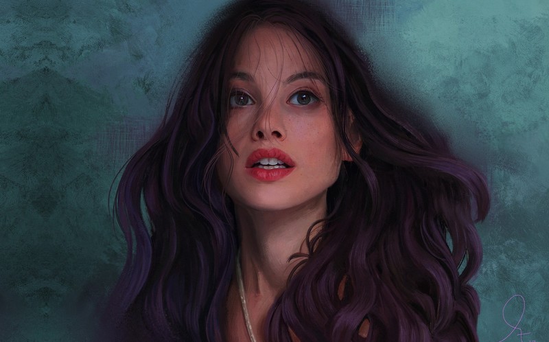 women, dark hair, artwork, portrait, long hair, face, red lipstick, Astrid Berges-Frisbey, Mandy Jurgens