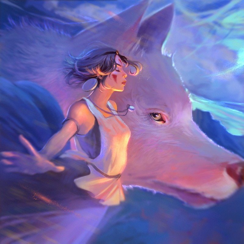 Mononoke, Princess Mononoke, anime girls, movies, Studio Ghibli, women, profile, fantasy girl, wolf, closed eyes, bokeh, fantasy art, fan art, artwork, digital art, drawing, digital painting, anime, illustration, 2D