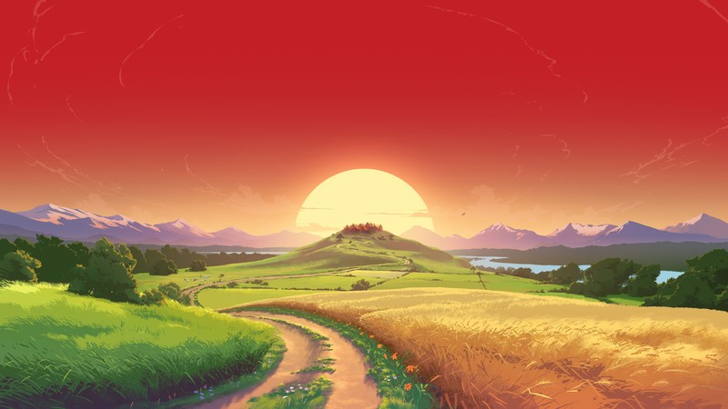 nature, landscape, artwork, dirt road, field, Sun, trees, mountains, red sky, hill, house, horse riding, sunset, video games, fan art, Dragon Quest Builders, catan, The Settlers of Catan, jason bennett