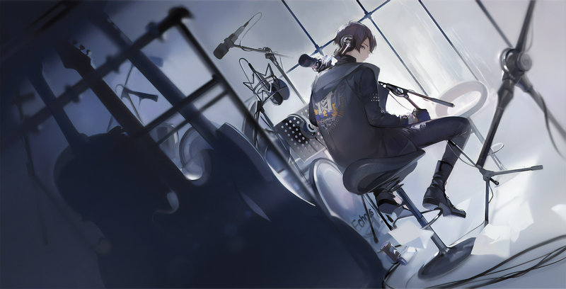 back, Male, recording studios, anime, sitting, guitar, headphones, microphone
