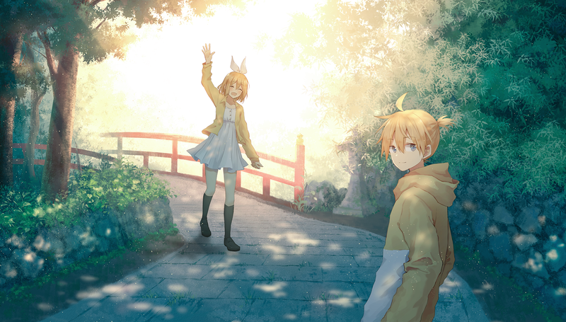 Vocaloid, bridge, Bushes, anime, trees, sunlight, dappled sunlight, smiling, happy, twins, Kagamine Len, Kagamine Rin