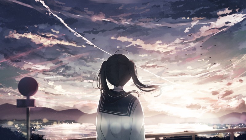 sign, sunrise, sky, clouds, mountains, lake, fence, back, wind, school uniform, birds, sparkles, anime, original characters, twintails