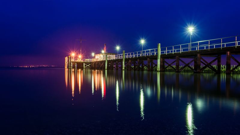 pier, sea, night, lights, light, lighting, 4k