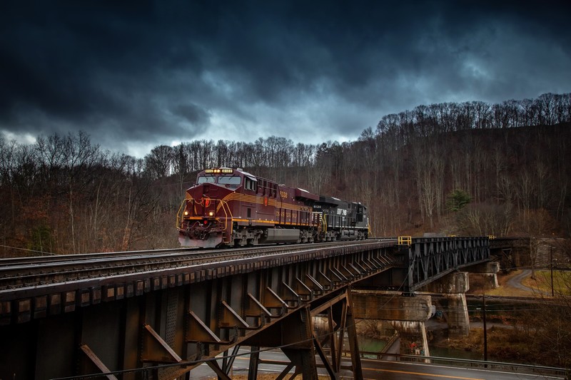 bridge, locomotive, train, trees, vehicle