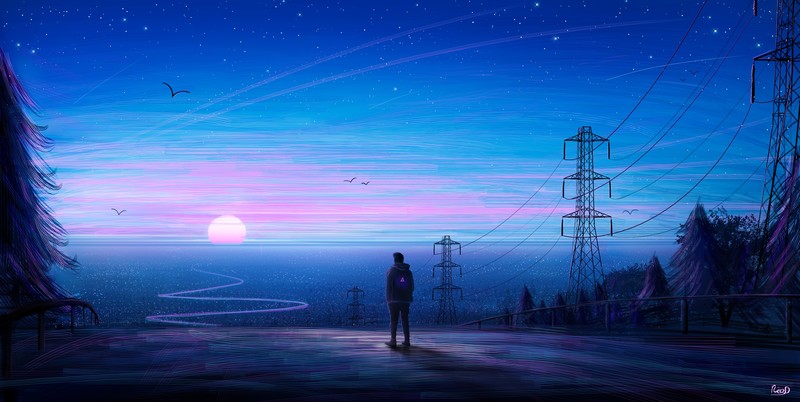 digital art, stars, trees, sunset, birds