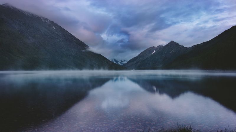 mountains, lake, fog, clouds, altai, russia, 4k