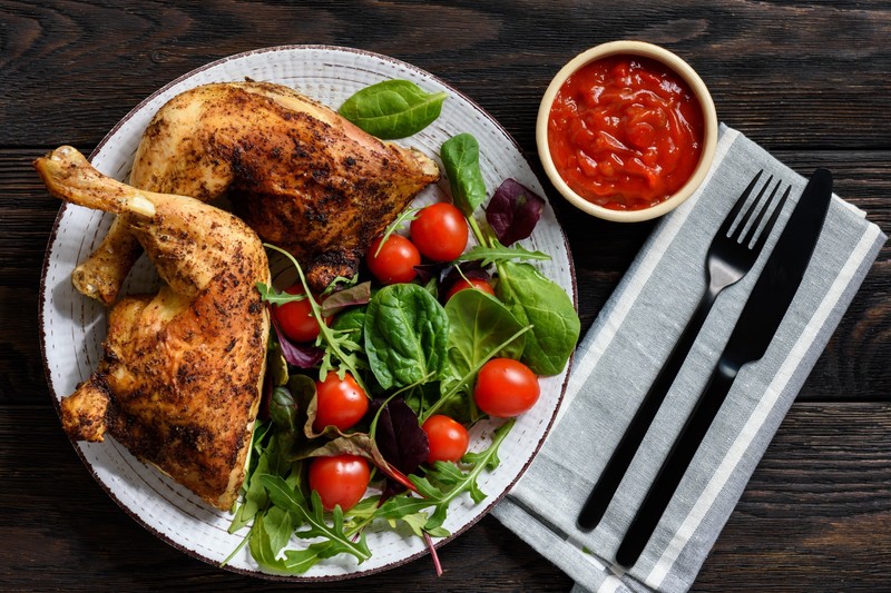 Chicken, food, vegetables, tomatoes, leaves