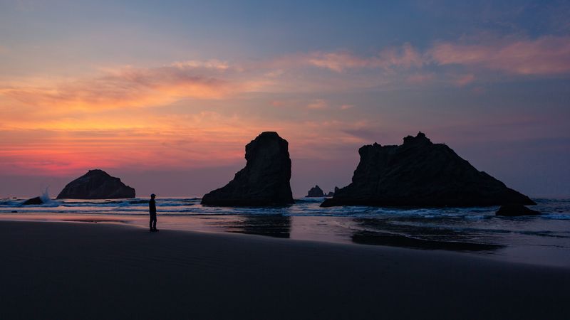 ocean, silhouette, sunset, rocks, loneliness, 4k