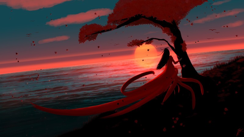 sunset, landscape, JoeyJazz, trees, sea