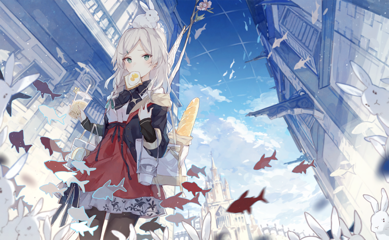 anime, anime girls, white hair, fish, original characters