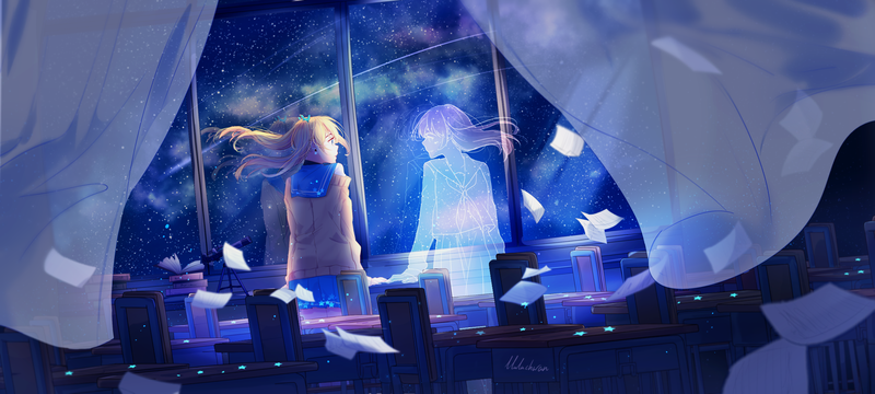 window, school, stars, shooting stars, sky, night, paper, curtains, ghost, glowing, blonde, desk, chair, schoolgirl, reflection