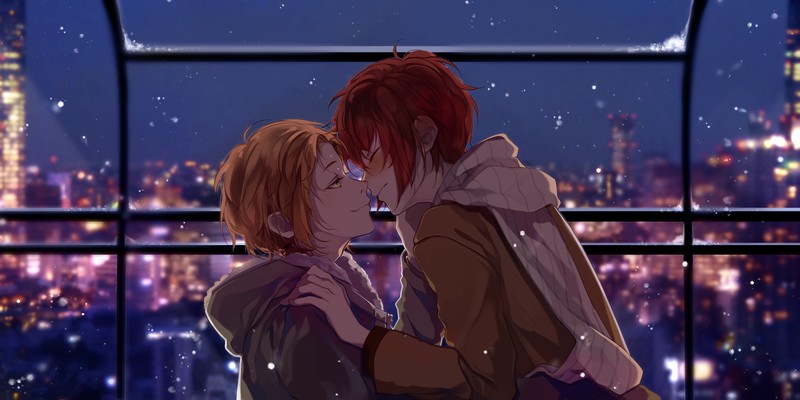Ensemble Stars, night, high view, scarf, city, lights, cold, Yaoi, blushing, closed eyes, Smile, redhead, anime, anime boys
