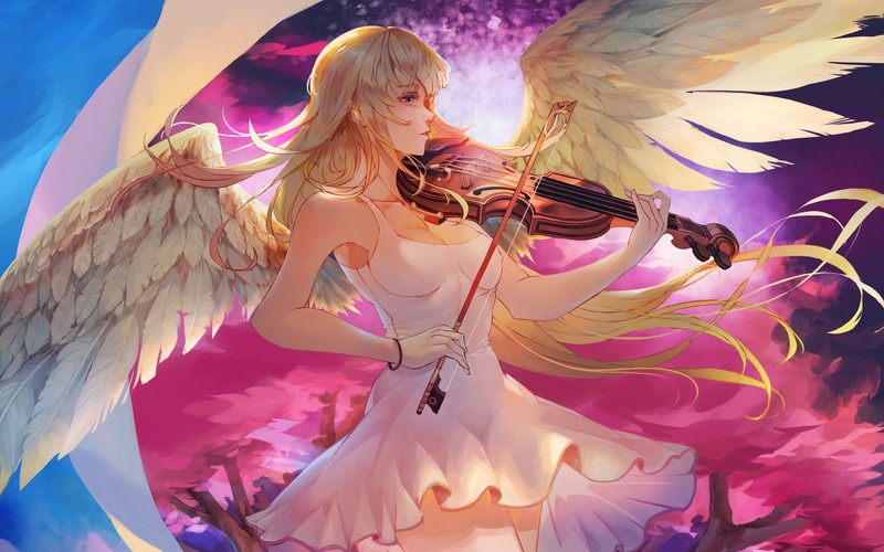 anime, manga, drawing, painting, artwork, digital, 2D, anime girls, angel, wings, yellow hair, long hair, violin, colorful, Shigatsu wa Kimi no Uso, anime sky, skirt, dress, music, sad