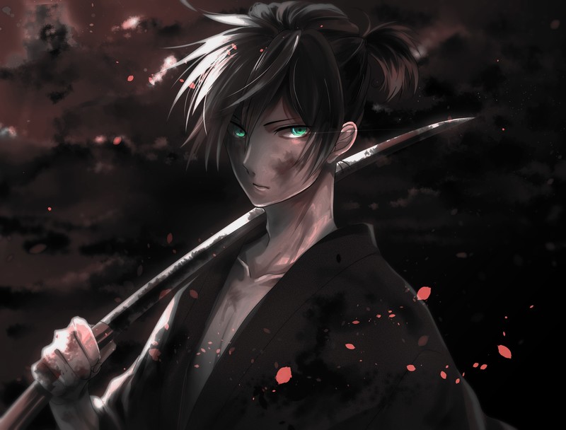 Noragami, Yato (Noragami), dark, warrior, anime boys, blue eyes, drawing, painting, artwork, digital, katana, sword, anime, manga