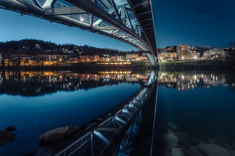 construction, bridge, night sky, dark, reflection, water, Lyon, France