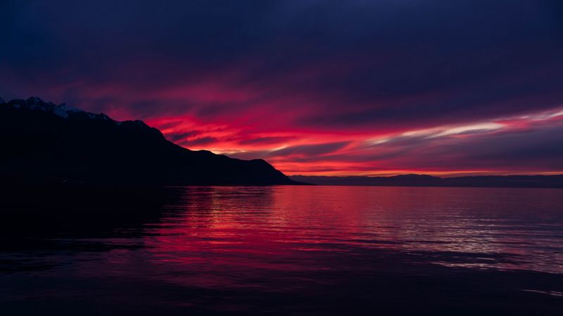 mountains, lake, sunset, horizon, sky, switzerland, 4k