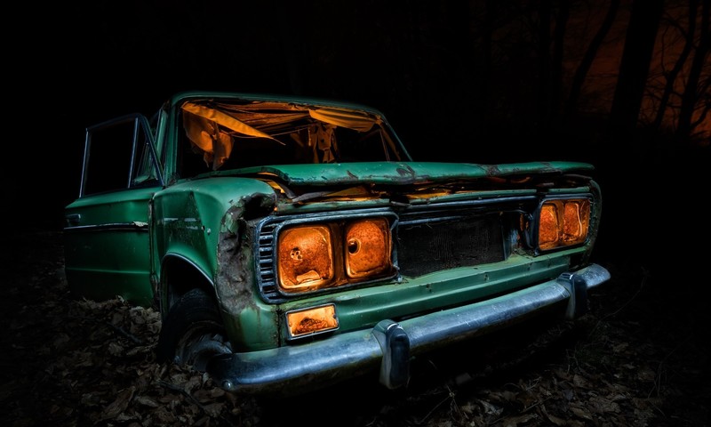 dark, car, green cars, vehicle, wreck