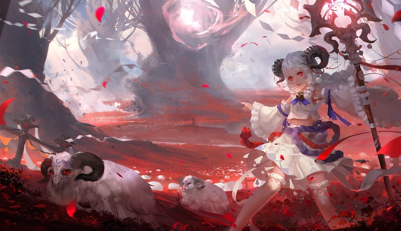 anime girls, original characters, fantasy girl, women, white hair, horns, long hair, red eyes, looking at viewer, white tops, skirt, knee-highs, white clothing, demon girls, ram, animals, forest, environment, dark fantasy, fantasy art, artwork, drawing, digital art, illustration