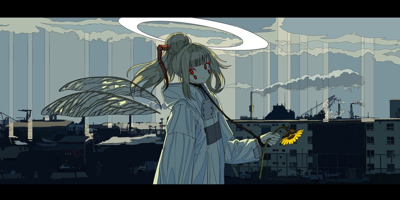 anime girls, original characters, women, long hair, wings, ropes, sunflowers, red eyes, city, cityscape, building, horizon, clouds, drawing, artwork, digital art, illustration, 2D, anime, ultrawide, fantasy art, fantasy girl