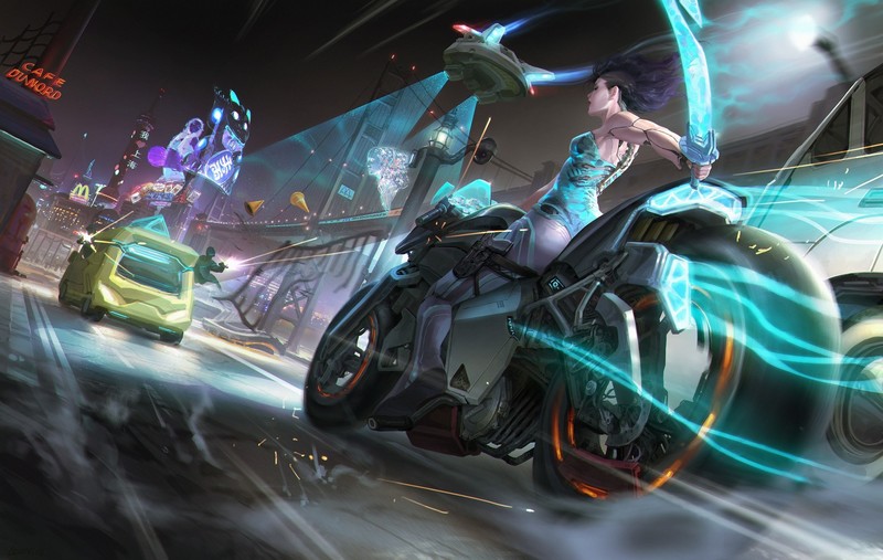 cyberpunk, motorcycle, vehicle, futuristic, futuristic city, artwork, cyan, low-angle, dutch tilt