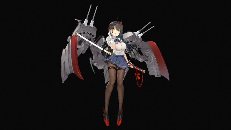 Suzuya (Azur Lane), Azur Lane, anime girls, women, black hair, long hair, horns, demon girls, fantasy girl, looking at viewer, yellow eyes, schoolgirl, school uniform, bow-tie, shirt, skirt, pantyhose, handbags, katana, weapon, cannons, gloves, white gloves, touching hair, black background, simple background, minimalism, fan art, digital art, 2D, illustration, drawing, anime, blushing