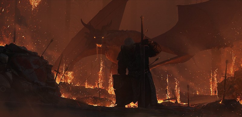 environment, dragon, Wyvern, fire, fantasy art, burning, knight, sword, forest, arrows