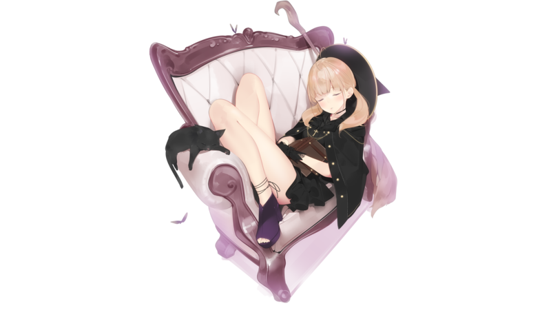 anime girls, original characters, women, blonde, pigtails, fantasy girl, witch, witch hat, witches broom, dress, lying on back, cats, black cats, couch, artwork, drawing, digital art, illustration, minimalism, amamitsuki12, heels, anime