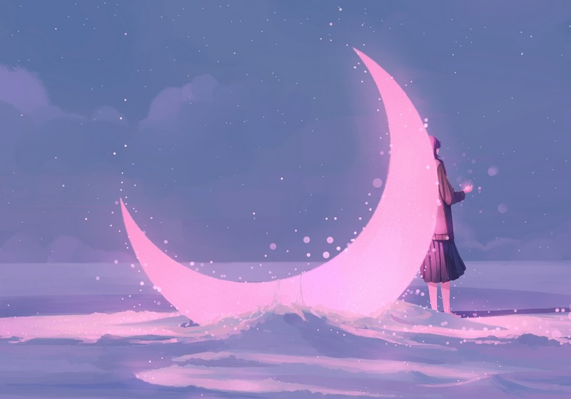 pink, Moon, fantasy art, fantasy girl, artwork, winter, sky, snow