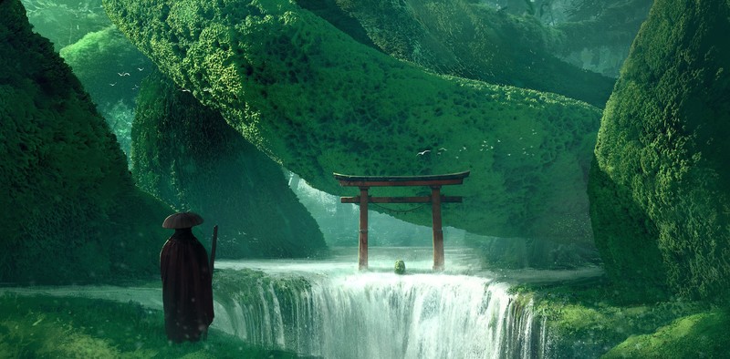 Asia, nature, artwork, waterfall, fantasy art, torii, green