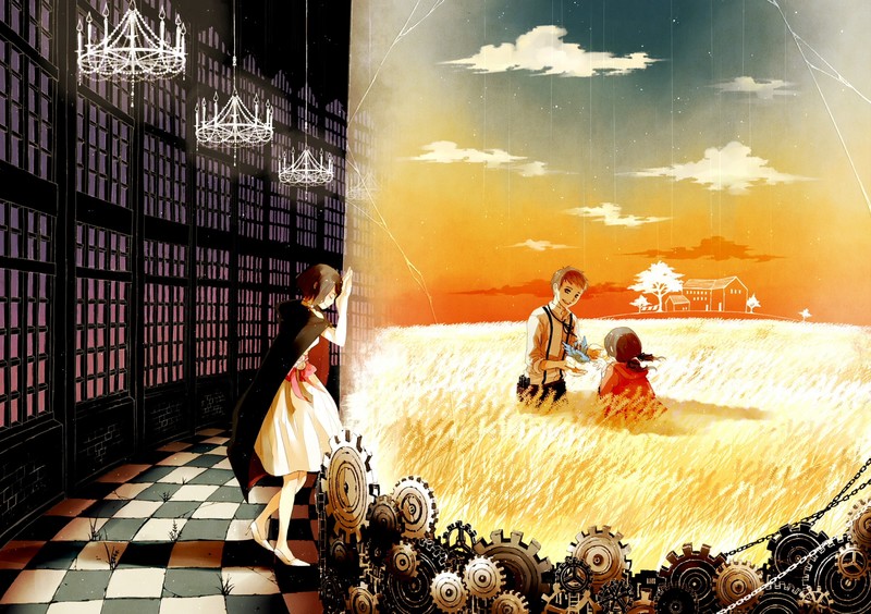 steampunk, emotion, anime, gears, anime girls, field