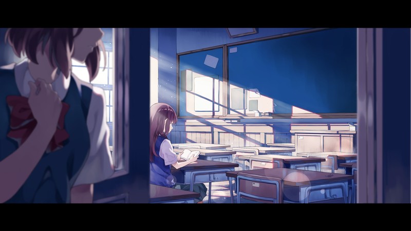 anime, classroom, yuri, anime girls, reading, books, particle, sunlight, Smile, school uniform, school