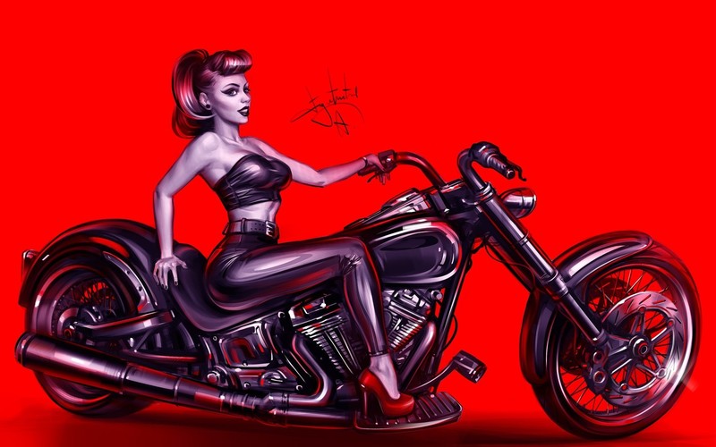 motorcycle, vehicle, women with motorcycles, artwork, pinup models, red background, simple background