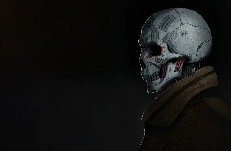 artwork, skull, simple background, black background, machine, futuristic, mech, profile