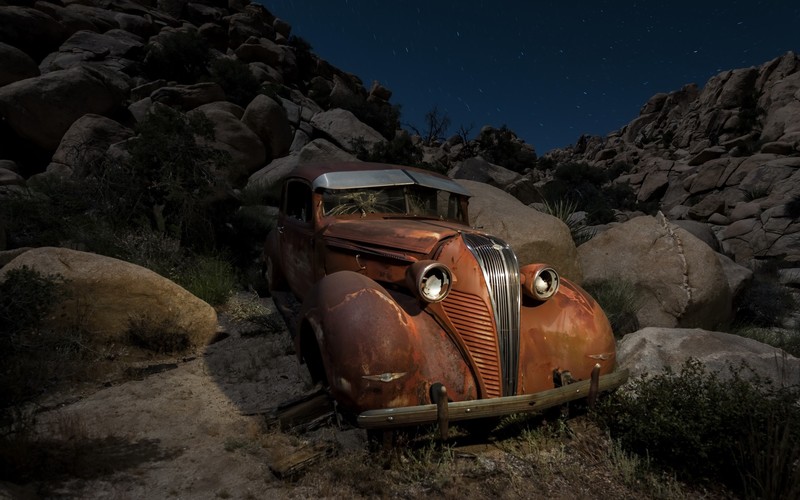vehicle, car, rock, night, wreck, rocks, stars, rust, oldtimers