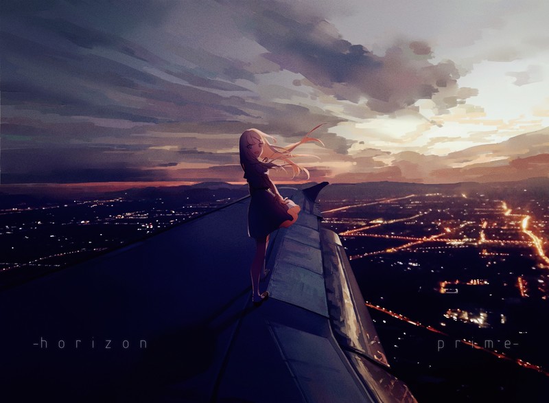 horizon, dark, city, anime girls, prime, long hair, anime sky, city lights, clouds, night, cityscape, artwork, painting, drawing