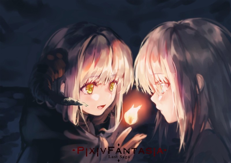 anime, anime girls, Pixiv Fantasia, blonde, fire
